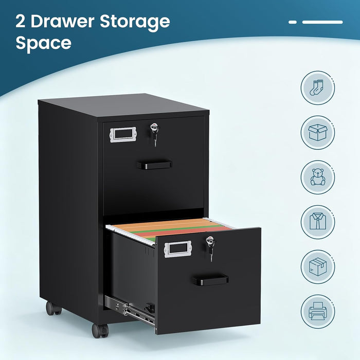 2 Drawer File Cabinet with Lock, Vertical Metal Filing Cabinets for Home Office, Lockable Storage File Cabinets under Desk, A4/Letter File Folders(Black)-Assembly Required