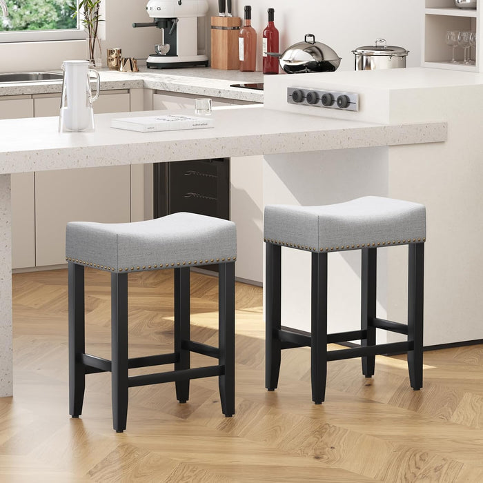 Bar Stools Set of 2,25.7 Inch Counter Height Bar Stools,Upholstered Kitchen Barstools with Solid Wooden Legs, Linen Saddle Stools for Kitchen Island, Bar, Cafe, Grey