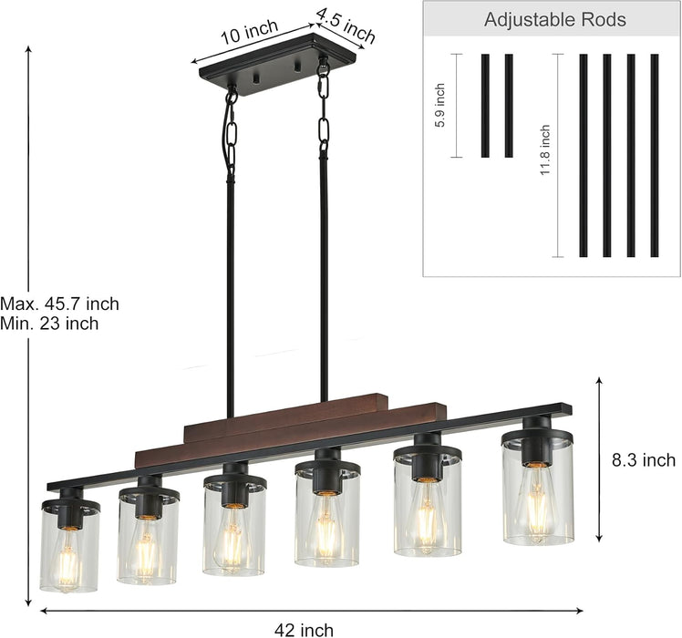 Farmhouse Chandelier 6-Light Dining Room Light Fixture over Table Kitchen Island Lighting Rustic Chandeliers for Dining Light with Glass Shade Wood Pendant Lights Kitchen Island