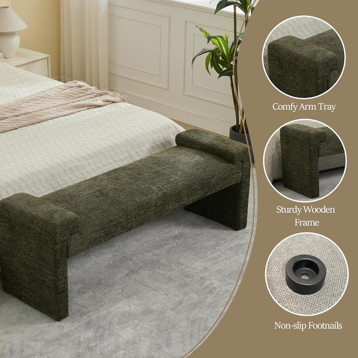 58.7" End of Bed Bench Upholstered Modern Bedroom Bench for Living Room & Entryway, Easy Assembly, Footrest Ottoman Accent Window Bench with Solid Wood Frame & Curved Arm, Green