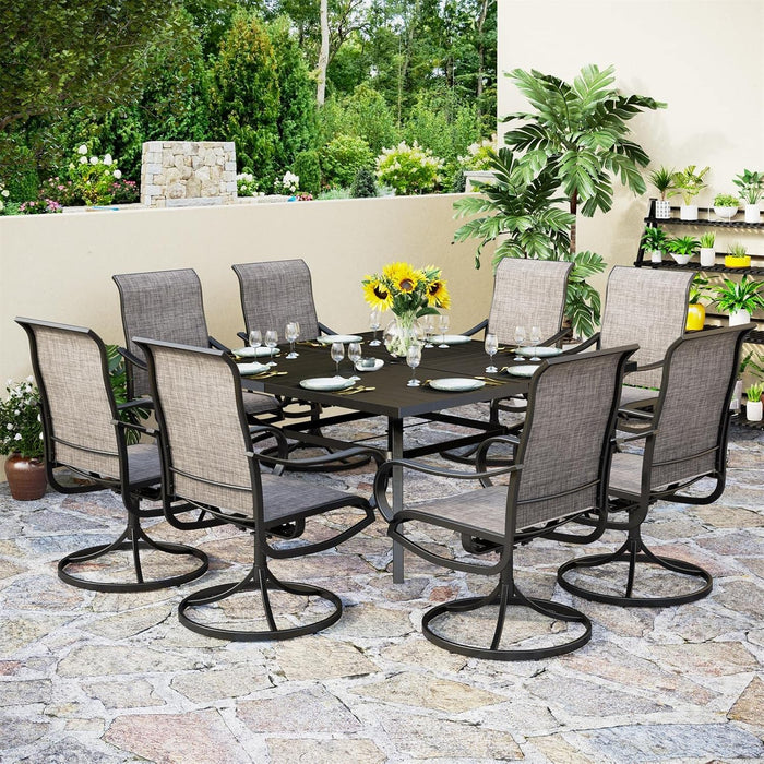9 Pcs Patio Dining Set with Large Square Metal Dining Table & 8 Outdoor Textilene Fabric Swivel Dining Chairs, outside Table Chair Furniture Dining Set for 8 Person