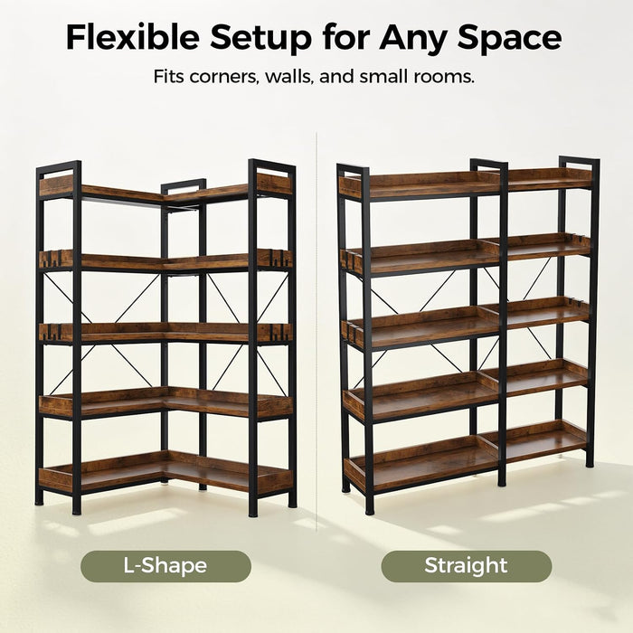 5-Tier Corner Bookshelf, L-Shaped Metal Frame Shelf with Tall 14" Shelves, Plant Stand and Storage Rack for Small Spaces, Living Room and Home Office, Brown