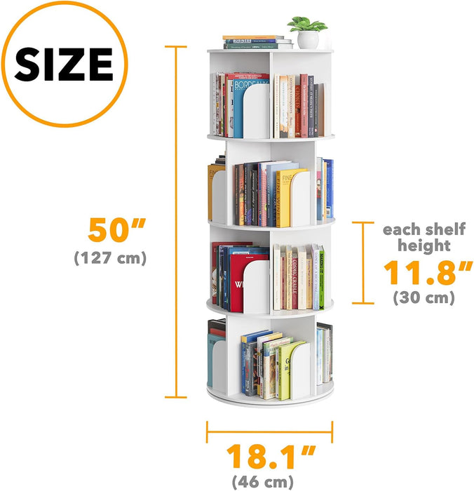 Cross Style 4 Tier Rotating Bookshelf, Spinning 360 Bookcase Lazy Susan Tower, Vertical Revolving Books Shelf Storage round Carousel Space Saving Organizer, White