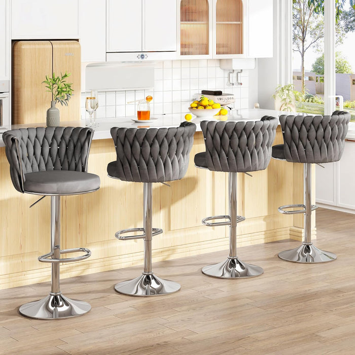 Velvet Bar Stools Set of 4,Modern Swivel Bar Chairs Counter Height Barstool,Adjustable Barstools with High Backrest,Upholstered Kitchen Island Chairs,Grey