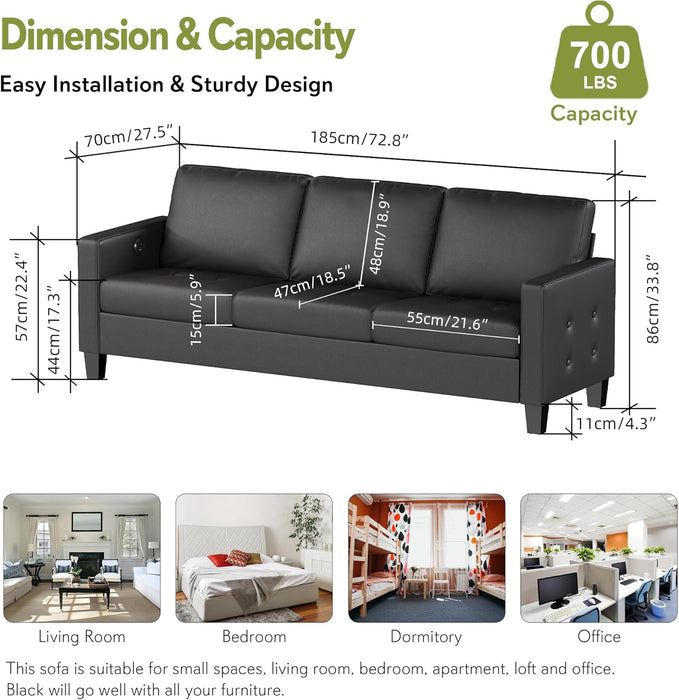 Black SeventyThreeInch ThreeSeater Sofa For Living Room