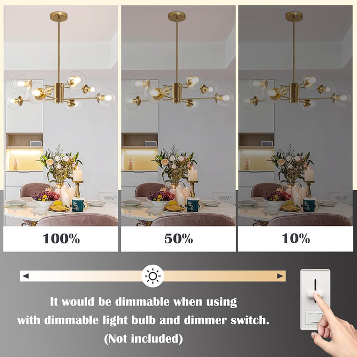 8-Light Globe Sputnik Chandelier Modern Gold Sputnik Chandelier Mid Century Globe Pendant Light Brushed Brass Finished with Clear Glass Lampshade Chandeliers for Kitchen Bedroom