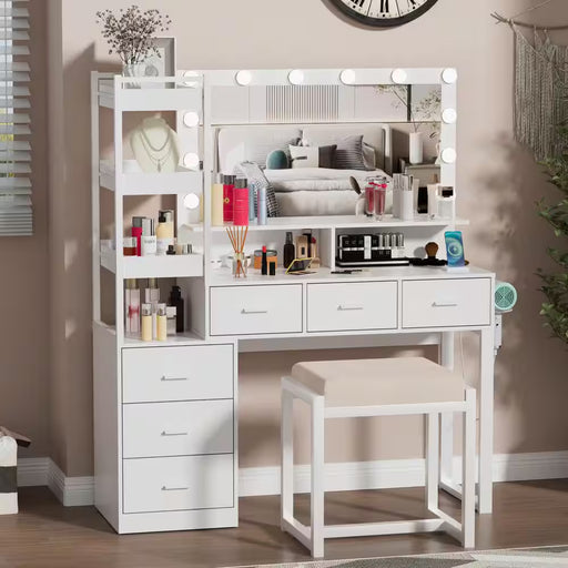 White Makeup Vanity Set with LED Lighted Mirror and Power Outlet, 6-Drawers and 3 Storage Movable Shelves