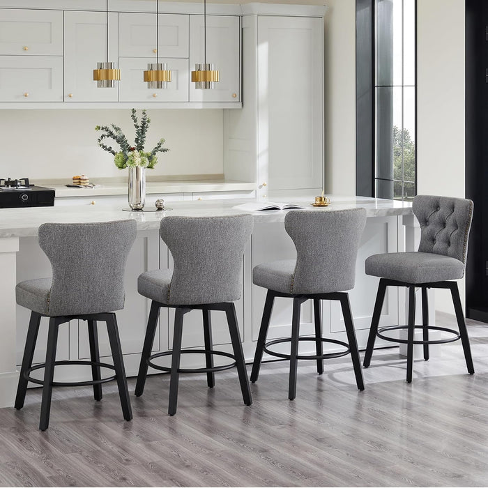 Counter Height Barstools 26 Inch Upholstered Button Tufted Swivel Bar Stools with Back and Wood Legs for Kitchen Island,Set of 2,Grey-Nailhead Trim
