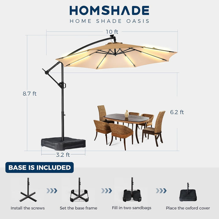 10 Ft Offset Patio Umbrella with Solar Lights, LED Lighted Umbrella Outdoor Patio with Base Included, Heavy Duty Hanging Cantilever Umbrellas for Pool Deck with UV Protection&Easy Tilt, Beige