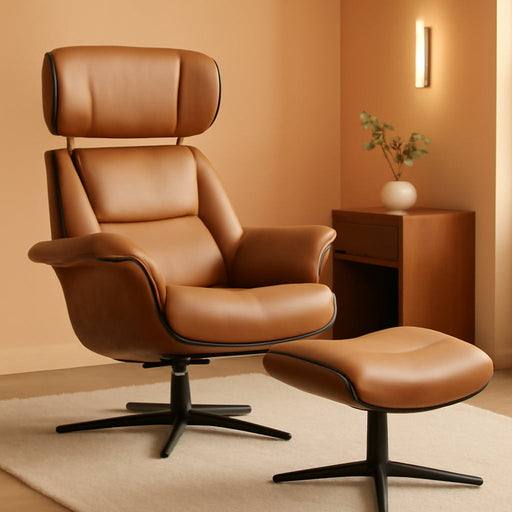Genuine Leather Reclining Swivel Chair with Adjustable Headrest and Ottoman for Living Room, Saddle