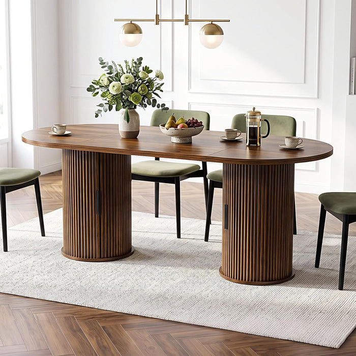 71” Oval Dining Table for 6-8 with Storage, Fluted Base, Walnut