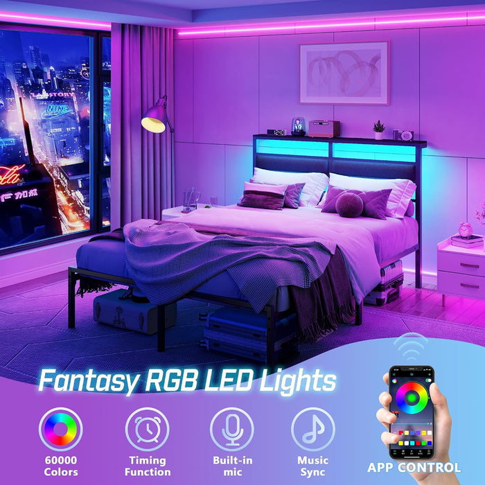 Full Size Bed Frame with LED Lights & Charging, Black Platform Bed