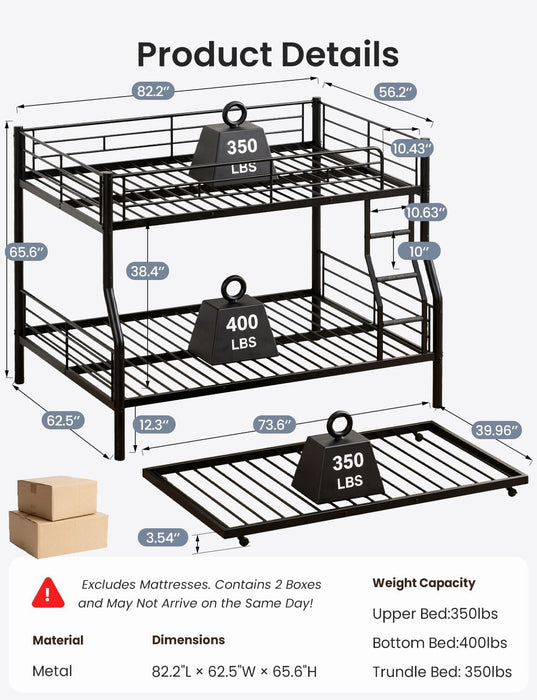 FullXL QueenSize BunkBed Trundle HeavyDuty NoBoxSpring Black