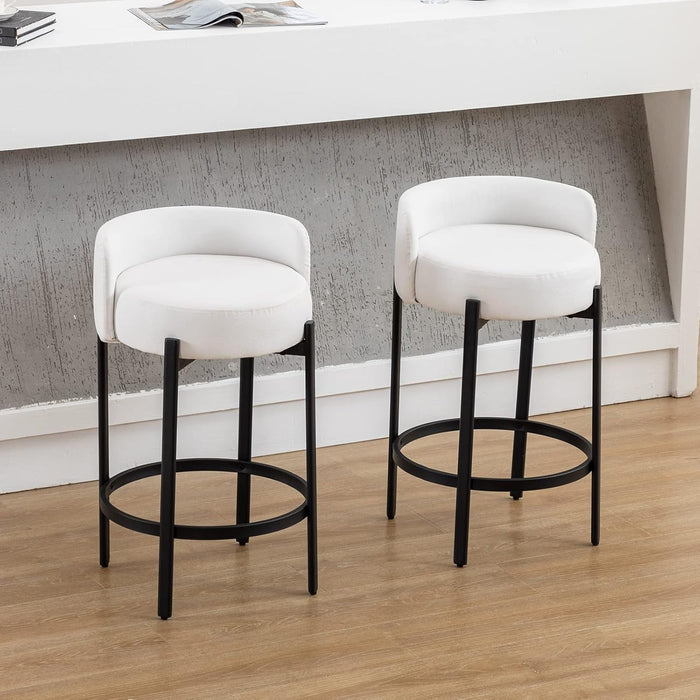 Counter Height Bar Stools 26" round Barstools Set of 2, Modern Faux Leather Counter Stools with Black Metal Legs for for Kitchen Island Counter, Small Space, White