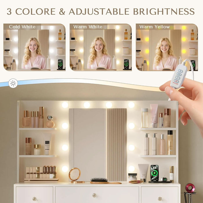 Vanity Desk with Mirror and Lights, Makeup Vanity Vanity Desk with 9 Drawers and 6 Storage Shelves Dressing Table, Vanity Desks with Power Outlet and 3 Color Modes 10 LED Bulb for Girls White