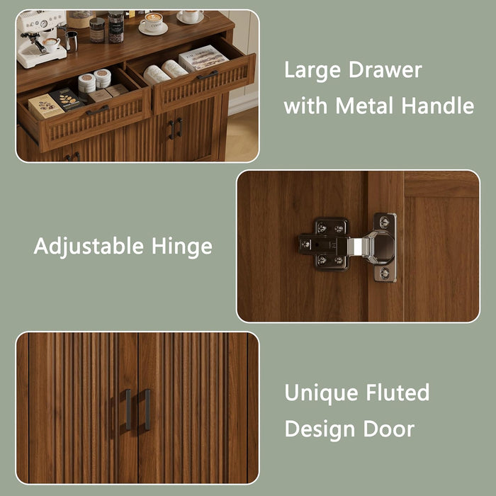 Buffet Cabinet with 2 Storage Drawers, Farmhouse Coffee Bar Table with Storage and Adjustable Shelf, 47.2" Wide Fluted Sideboard Cabinet for Kitchen, Dining Room, Living Room, Entryway, Modern Walnut
