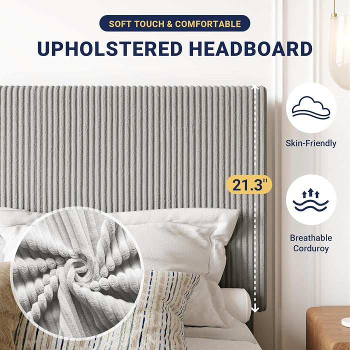 Full Bed Frame, Upholstered Platform Bed, Adjustable Vertical Channel Tufted Headboard, Corduroy Fabric, Modern Low Profile, Wooden Slats, No Box Spring Needed, Easy Assembly, Light Grey
