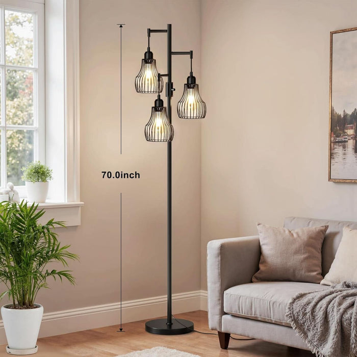 Dimmable Floor Lamp, 3 X 800LM LED Edison Bulbs Included, Farmhouse Industrial Floor Lamp Standing Tree Lamp with Elegant Cage Tall Lamps for Living Room Bedroom Office - Black