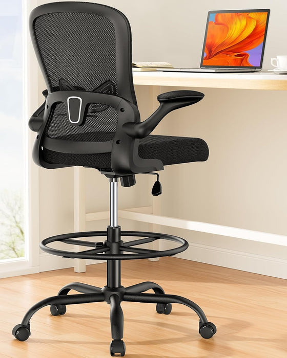 Drafting Chair with Footrest Ring and Flip-Up Arms for Tall Desks