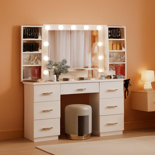 White Makeup Vanity Desk with Lighted Mirror & Power Outlet,3 Color Modes, Brightness Adjustable,Vanity Table with Drawer,Sliding 2 Storage Wall-Mounted Jewelry,4 Shelves for Bedroom