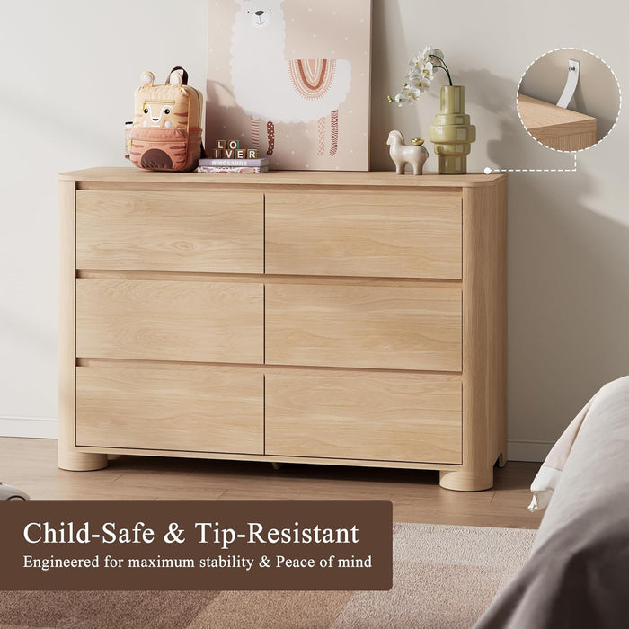 Dresser for Bedroom with 6 Drawers, 47" W Modern Chest of Drawers with Unique Thickened Foot, Rounded Corner Design, Wooden Dresser Organizer for Bedroom, Living Room, Hallway, Natural Oak