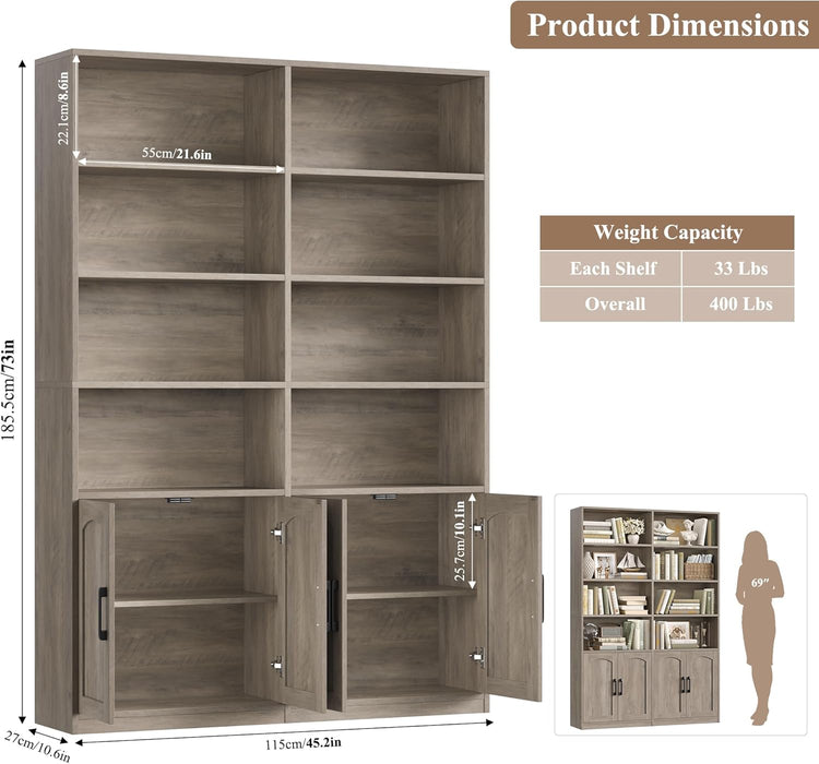 Bookshelf and Bookcase with Doors, 6 Tier Double Wide Large Bookshelves, Open Display Shelves, 73'' Tall Bookshelf with Storage Cabinets for Home Office, Living Room, Library, Wash Gray