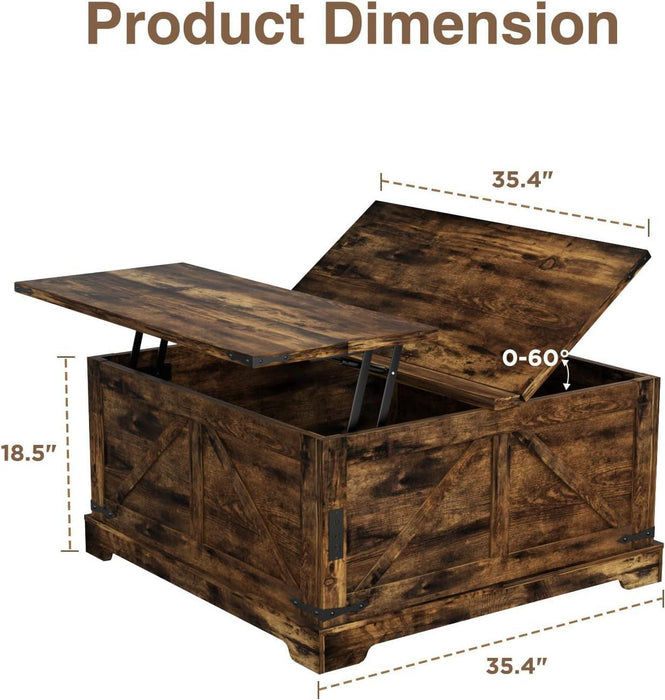 Coffee Table with Hidden Storage, 35.4" W Farmhouse Lift Top Wood Square Center Table with Charging Station, Rustic Cocktail Tables with Flip Top Lids for Living Room, Home Office, Rustic Brown