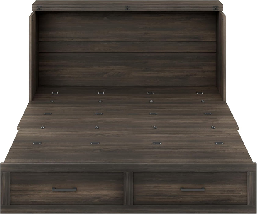 Farmhouse Wood Murphy Bed Chest with Charging Station, Foldable Wall Platform Bed with Storage Drawer/Space Saving/Wood Slat Support/Full, Gray