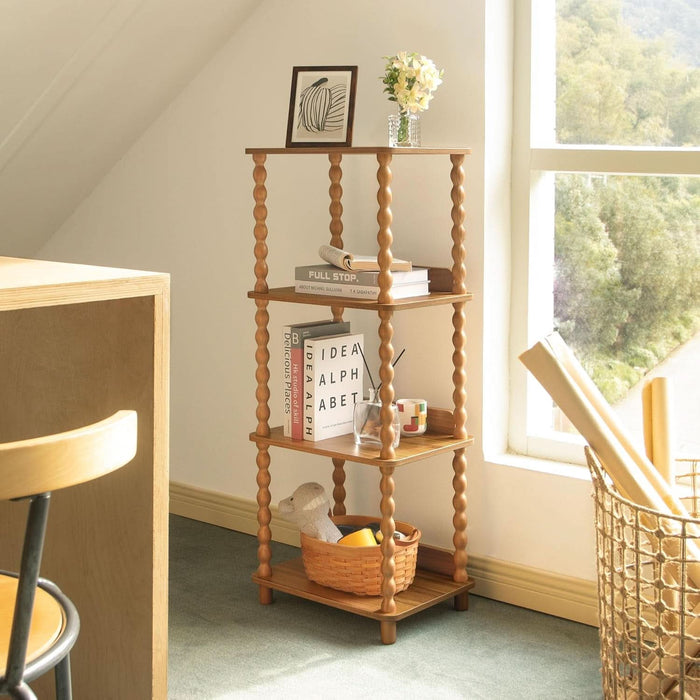FourTier Bookcase SpindleLeg Open Shelves Caramel Tan