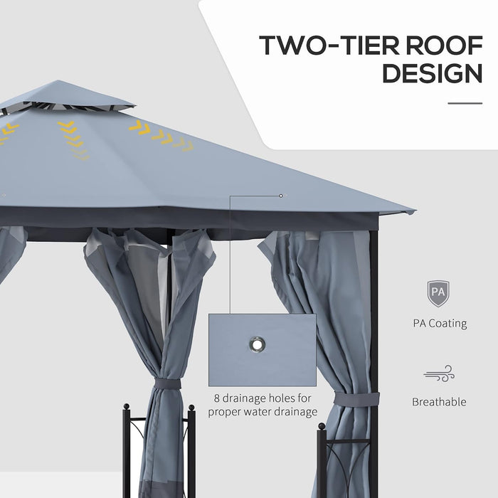 11' X 13' Patio Gazebo, Double Roof Outdoor Gazebo Canopy Shelter with Netting & Curtains, Steel Corner Columns for Garden, Lawn, Backyard and Deck, Gray