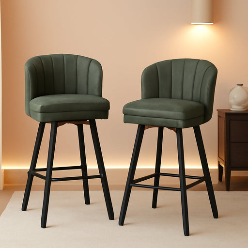 Swivel Counter Height Bar Stools Set of 2, 26'' Modern Barstools with Backs and Metal Legs, Upholstered Bar Chairs, Faux Leather Green Stools for Kitchen Island Chairs