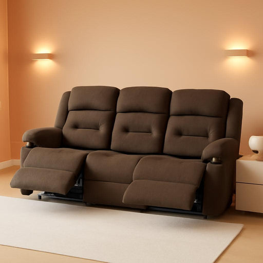 Oversized Recliner Sofa with Heat and Massage, Wall-Hugger Reclining Sofa with Cup Holders and USB Port, Big Large 3-Seater RV Recliner Couch Sofa for Living Room (Fabric, Brown)
