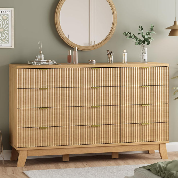 Fluted Dresser for Bedroom with 12 Drawers, 57" Wide Modern Chest of Drawers with Metal Handle, Wooden Dresser TV Stand, Wood Closet Clothes Storage Organizer for Living Room, Hallway, Natural Oak