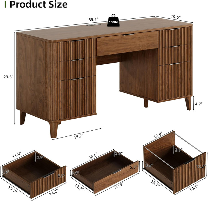 55Inch WalnutFinish Executive Desk With ChargingPort Unit