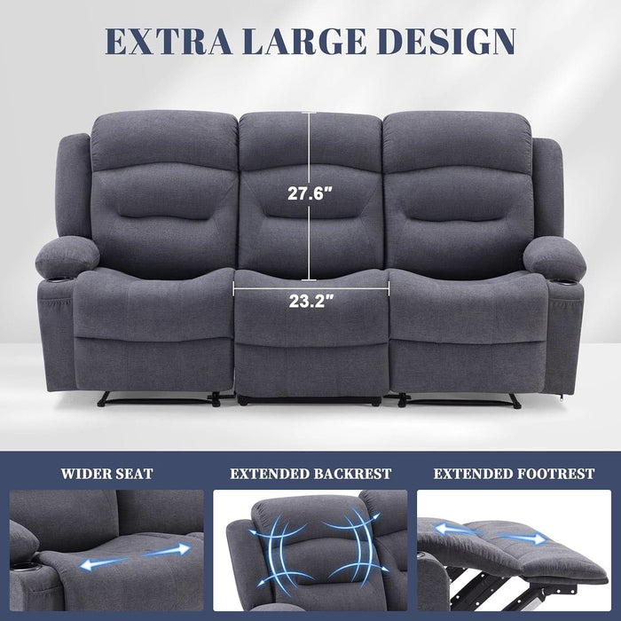 Oversized Recliner Sofa with Heat and Massage, Big Large 3-Seater RV Recliner Couch Sofa for Living Room, Wall-Hugger Reclining Sofa with Cup Holders and USB Port(Fabric, Grey)