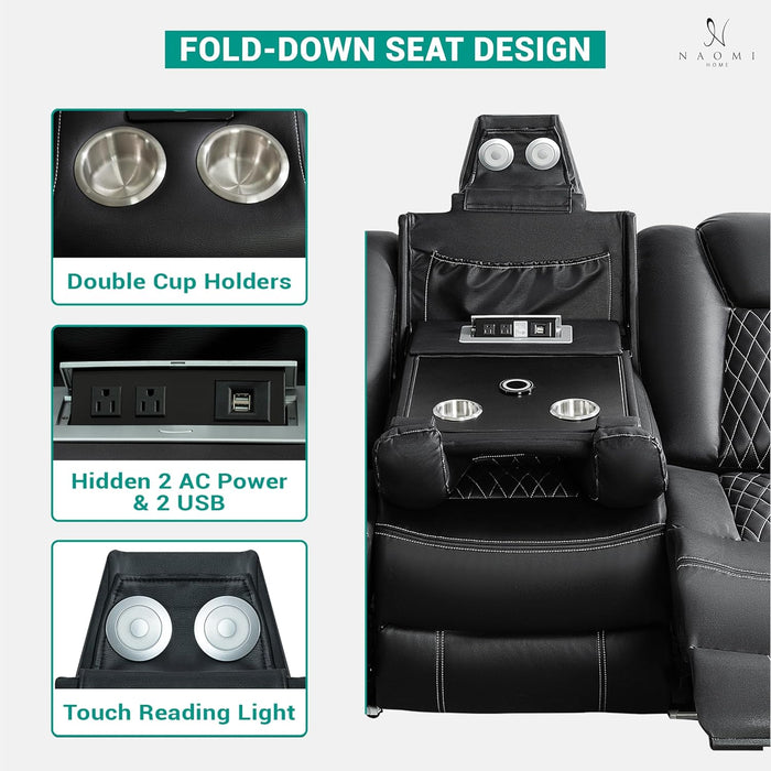 Living Room Furniture Set, Power Reclining Sofa Set, Air Leather Recliners with Built-In USB Ports and Storage Console, LED Reclining Couch Set for Living Room (Black, Sofa and Chair)