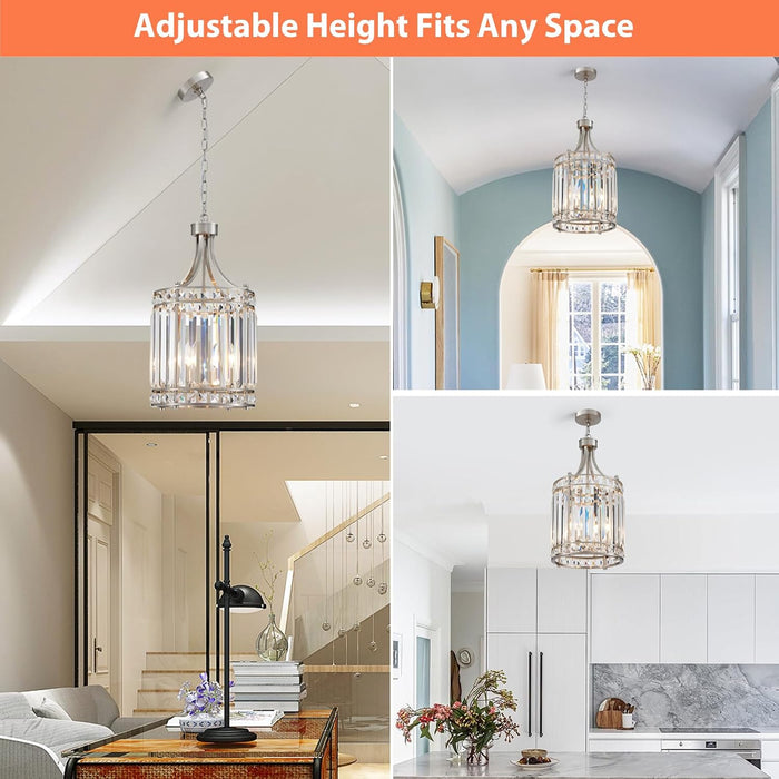 11.8" Modern Crystal Chandelier Brushed Nickel Lantern 4-Light Small Farmhouse Geometric Pendant Lighting Fixture Adjustable Hanging Cage Ceiling Lights for Living Room Dining Room Entryway
