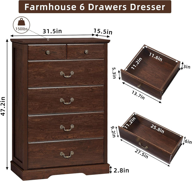 6 Drawer Dresser,Farmhouse Wood Chest of Drawers for Bedroom,47" Tall Dresser with Rustic Handles,Wood Drawer Organizer for Living Room,Hallway,Closet,Walnut
