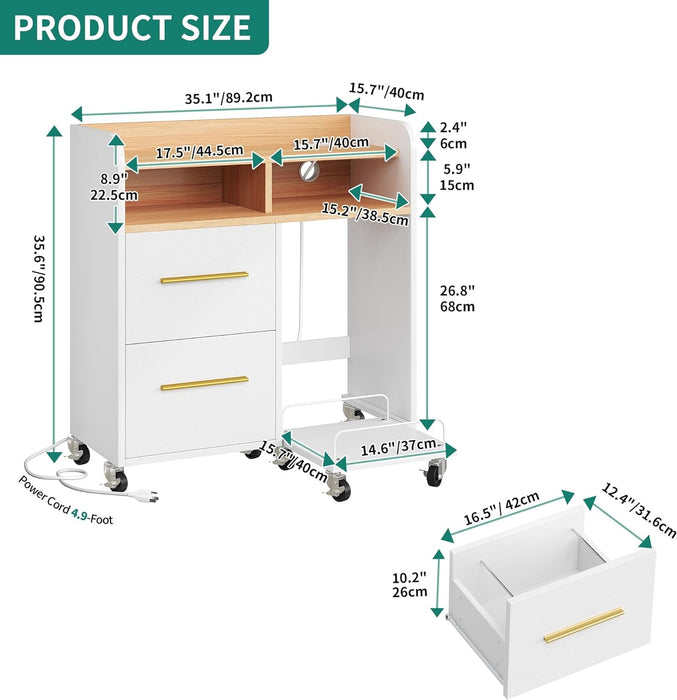 File Cabinet with Charging Station, 2 Drawer Lateral Filing Cabinet, Printer Stand with Open Storage Shelf for Home Office, White