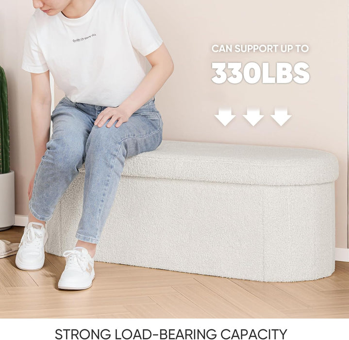 Ottoman with Storage for Living Room, Sherpa Folding Storage Ottoman Foot Rest, 43.3 Inches Collapsible Bedroom Bench White