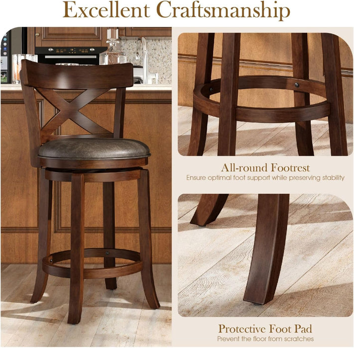 26 Inch Swivel Bar Stools Set of 2, Counter Height Stools | Rustic Wooden Barstools with Back & Solid Wood Legs, Faux Leather Bar Chairs for Kitchen Island, Dark Cherry