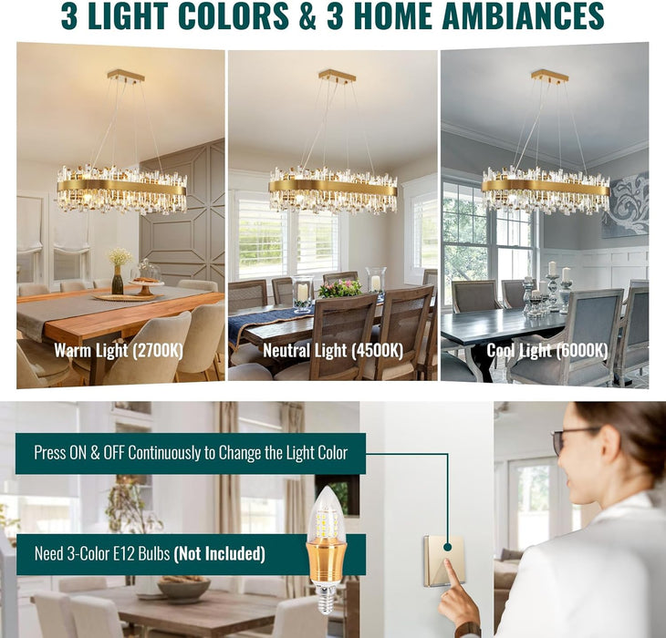 Modern Crystal Chandelier 16 Lights Rectangular Gold 2-Tiers Raindrop Crystal Chandelier Oval Adjustable Hanging Pendant Ceiling Light Fixture for Dining Living Room Kitchen Island 35.4 Inch