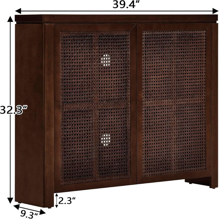 Small Sideboard Buffet Cabinet,Narrow Kitchen Storage Cabinet with 2 Rattan Doors,Mid Century Modern Thin Console Table for Living Room,Entryway(39.4" Walnut)