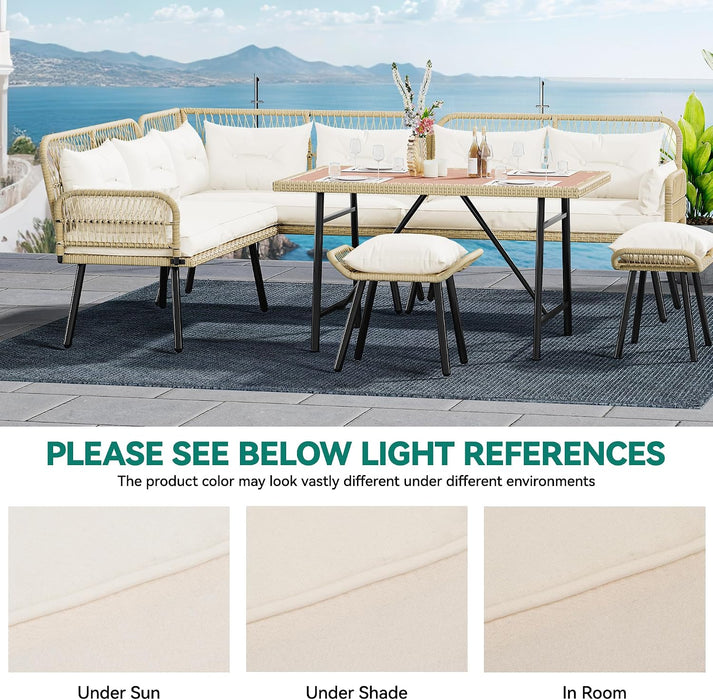 L-Shaped Rattan Patio Furniture Set Light Brown Beige