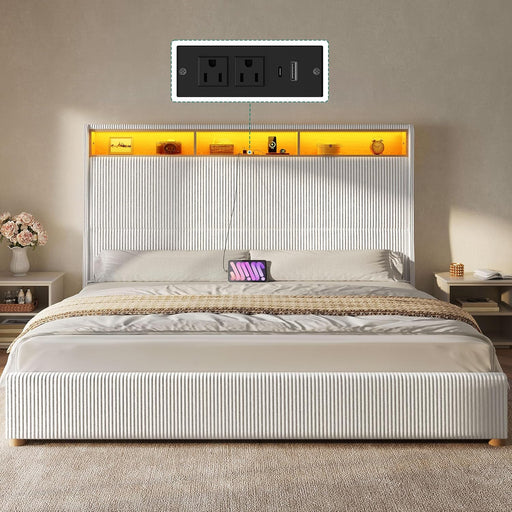 King Size Corduroy Upholstered Platform Bed Frame with Charging Station and RGB LED Lights, 53’’ Tall Storage Wingback Headboard, No Box Spring Needed, Easy Assembly, Noise-Free, White