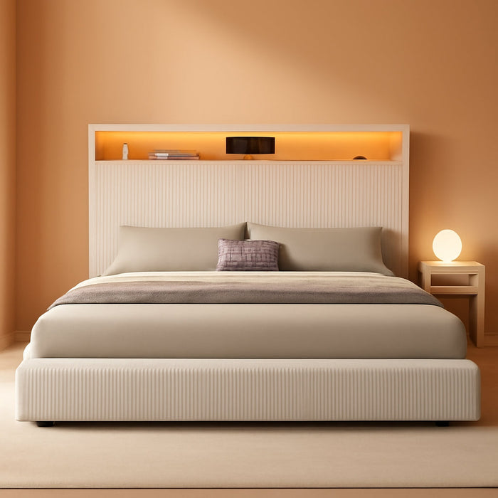 King Size Corduroy Upholstered Platform Bed Frame with Charging Station and RGB LED Lights, 53’’ Tall Storage Wingback Headboard, No Box Spring Needed, Easy Assembly, Noise-Free, White