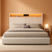 King Size Corduroy Upholstered Platform Bed Frame with Charging Station and RGB LED Lights, 53’’ Tall Storage Wingback Headboard, No Box Spring Needed, Easy Assembly, Noise-Free, White