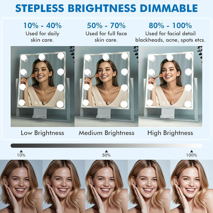 Lighted Makeup Mirror, Hollywood Vanity Mirror with Lights, Three Color Modes, with Detachable 10X Zoom Mirror, Smart Touch Control, Metal Frame, 360° Rotation（14.1In,White）
