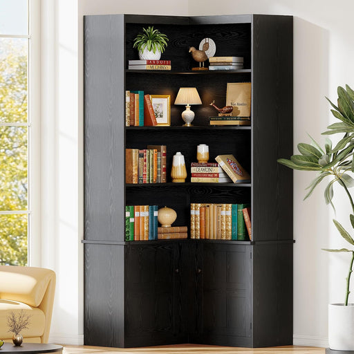 Corner Bookshelf With Doors SixTier PowderCoatedBlack