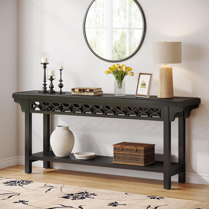 70.8-Inch Solid Wood Long Console Table, Farmhouse Entryway Table with Storage, Narrow Sofa Table Grey Couch Table for Living Room Entryway Hallway (Black)